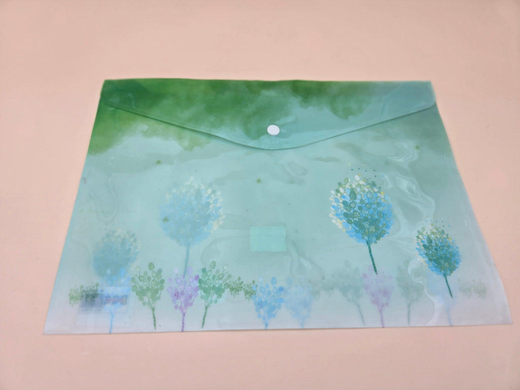 Pochette Plastique A4 – Motif Aquarelle Fleurs & Arbres, Vert & Bleu