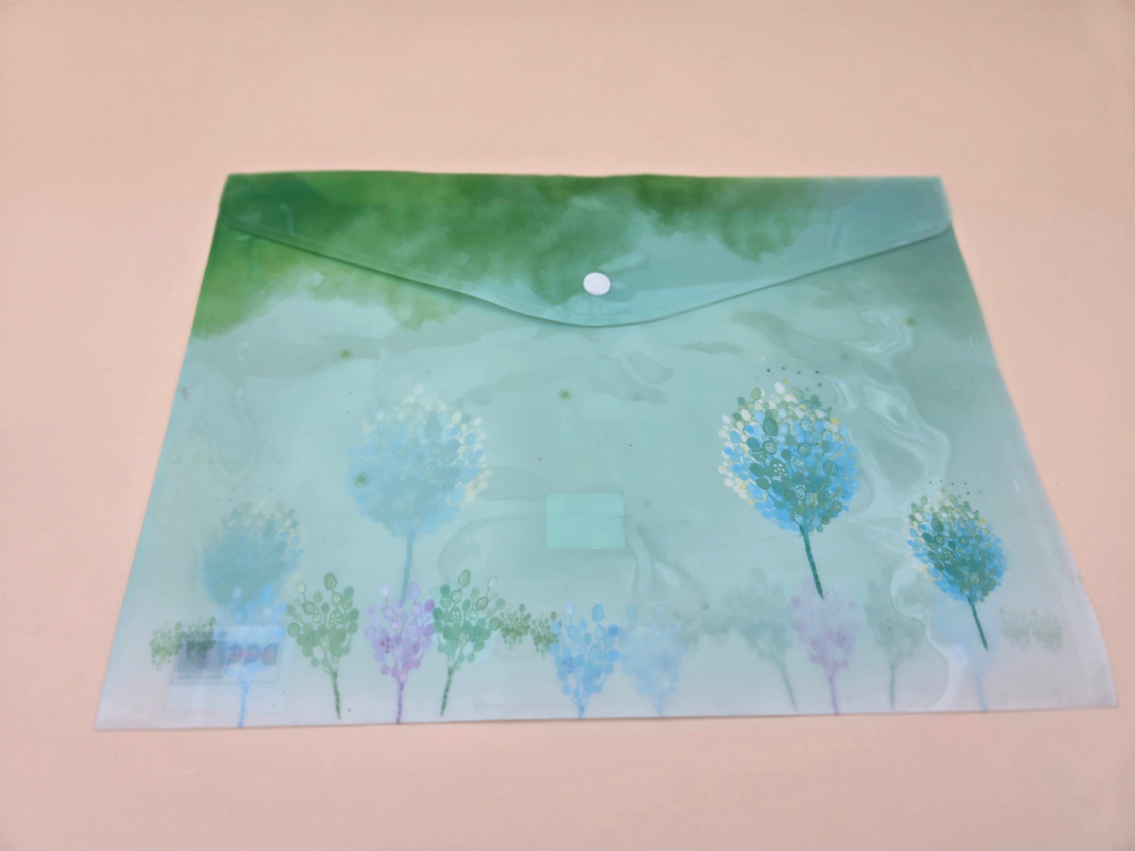Pochette Plastique A4 – Motif Aquarelle Fleurs & Arbres, Vert & Bleu