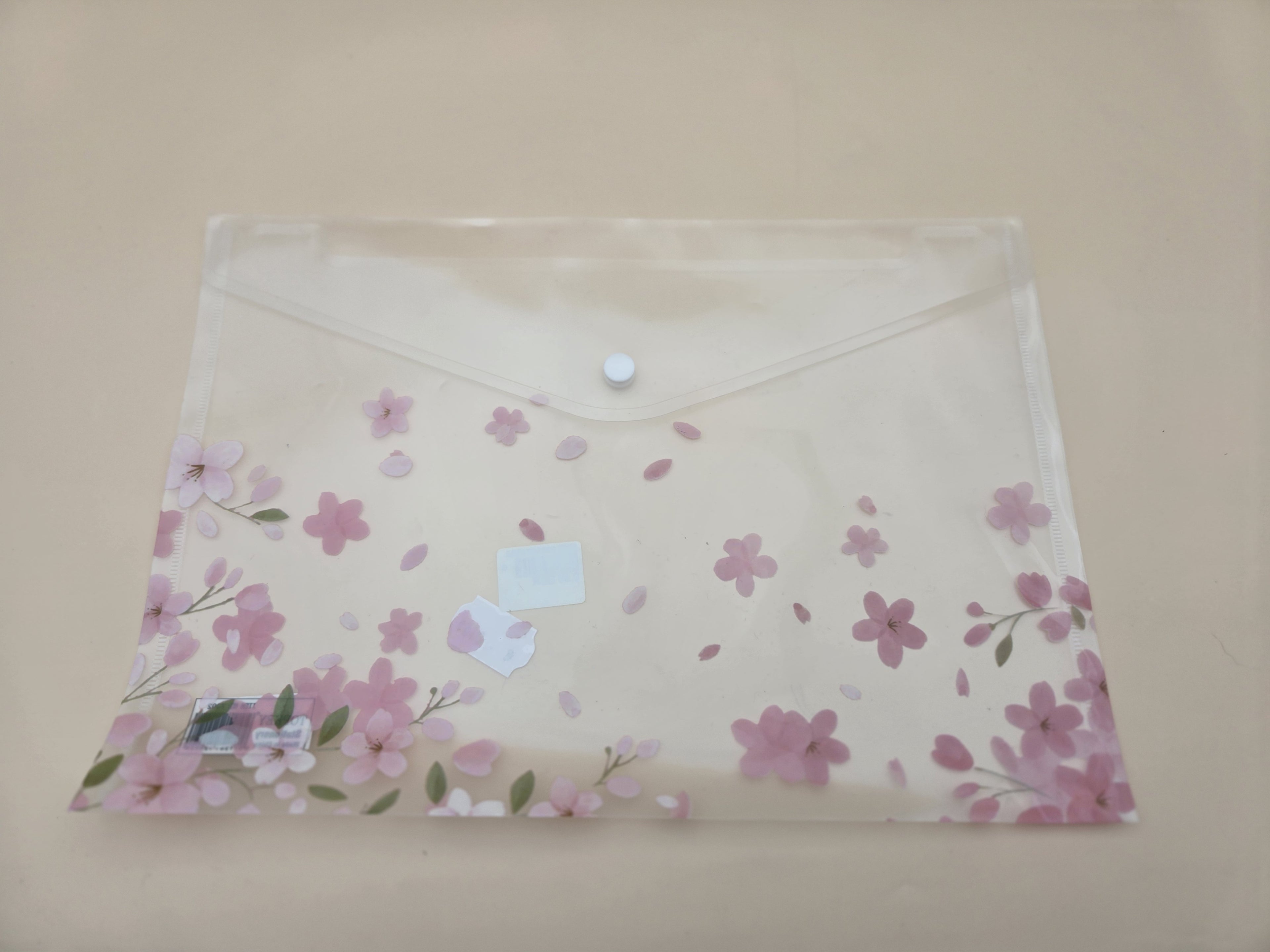 Pochette Plastique A4 – Motif Fleurs de Cerisier Sakura Rose, Bouton-Pression