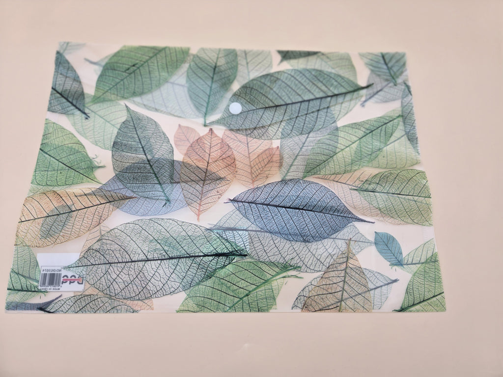 Pochette Plastique A4 – Motif Feuilles Squelettes Botaniques Vert & Bleu, Bouton-Pression