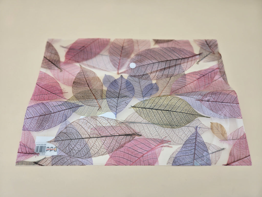 Pochette Plastique A4 – Motif Feuilles Squelettes Botaniques Rose & Violet, Bouton-Pression