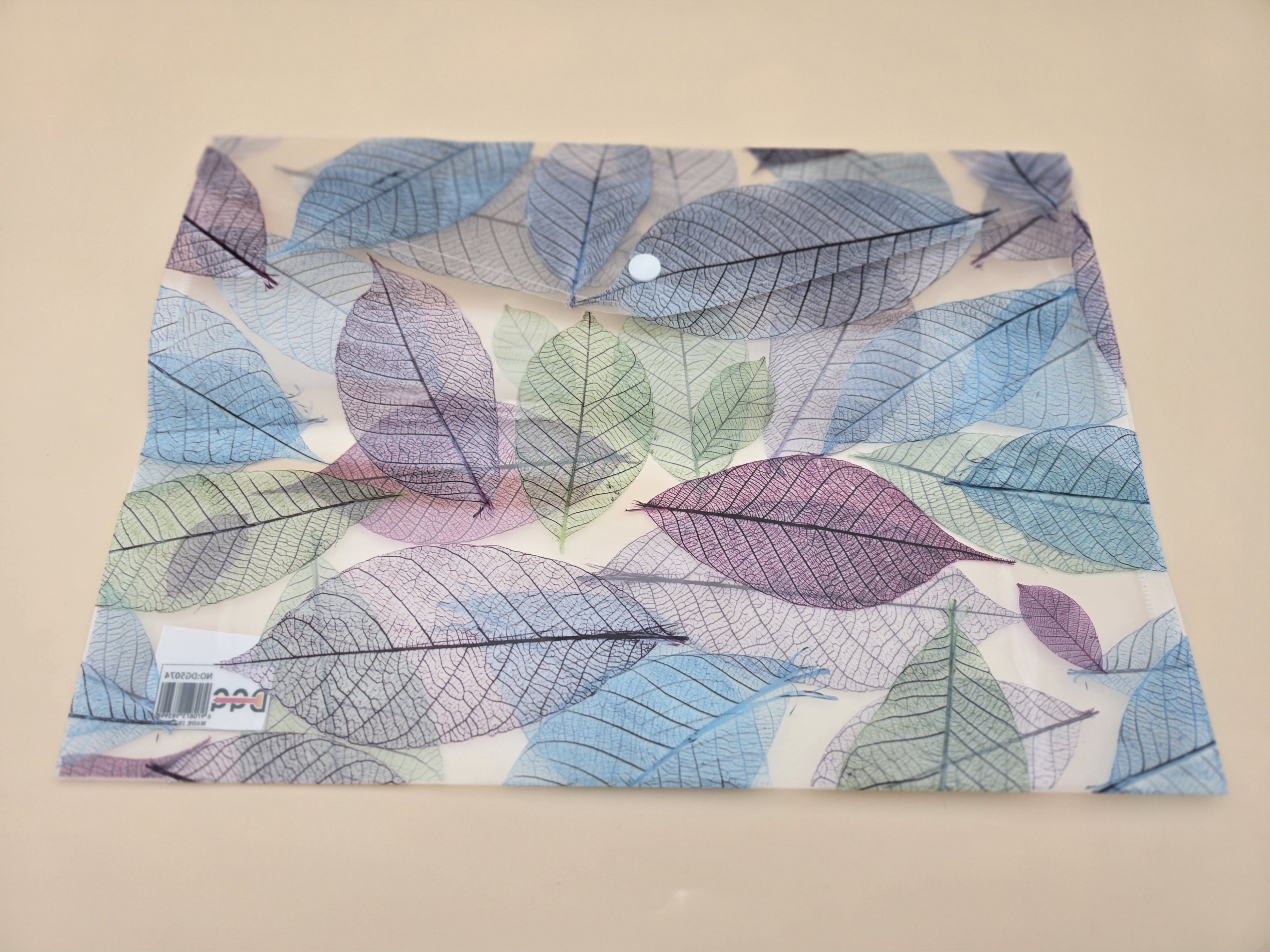 Pochette Plastique A4 – Motif Feuilles Squelettes Botaniques Bleu, Violet & Vert Pastel, Bouton-Pression