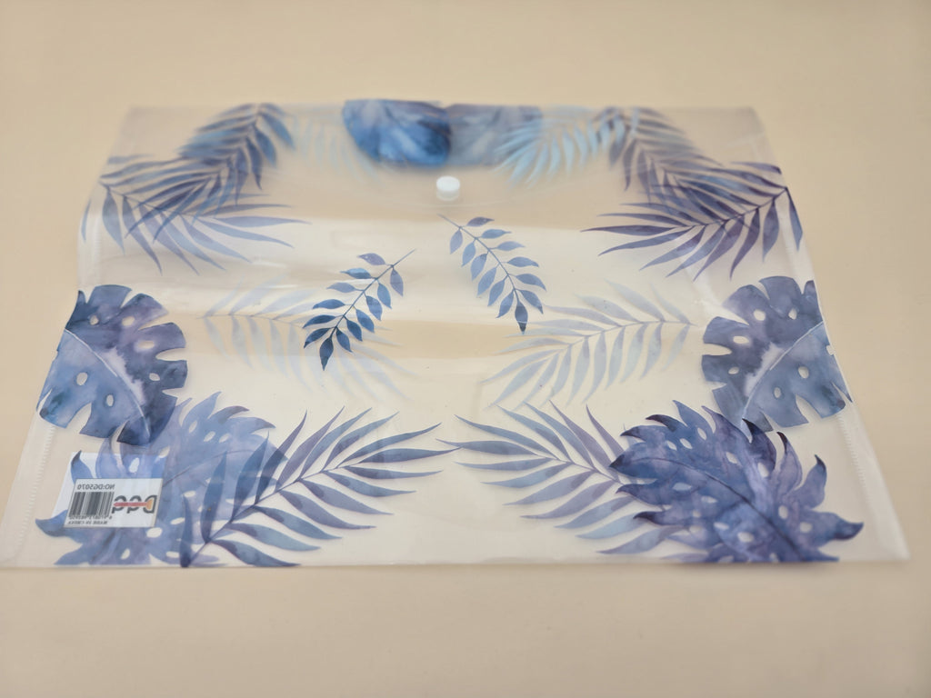 Pochette Plastique A4 – Motif Feuilles Tropicales Bleues Indigo (Palmier, Monstera), Bouton-Pression