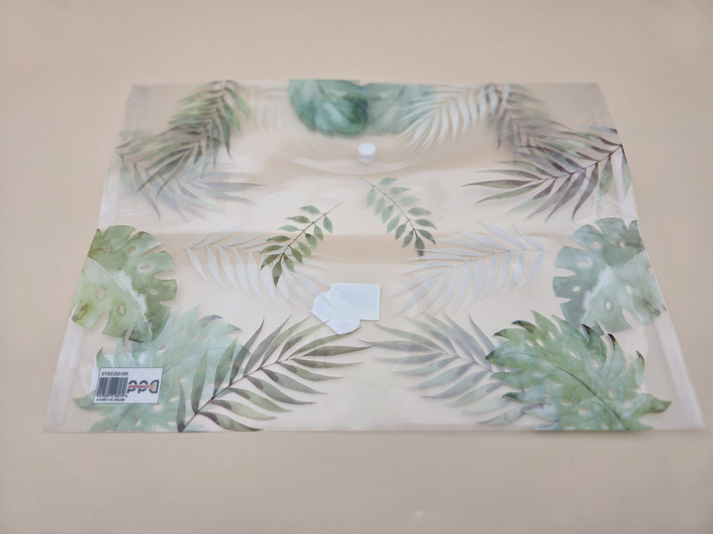 Pochette Plastique A4 – Motif Feuilles Tropicales Vertes (Palmier, Monstera, Fougère), Bouton-Pression