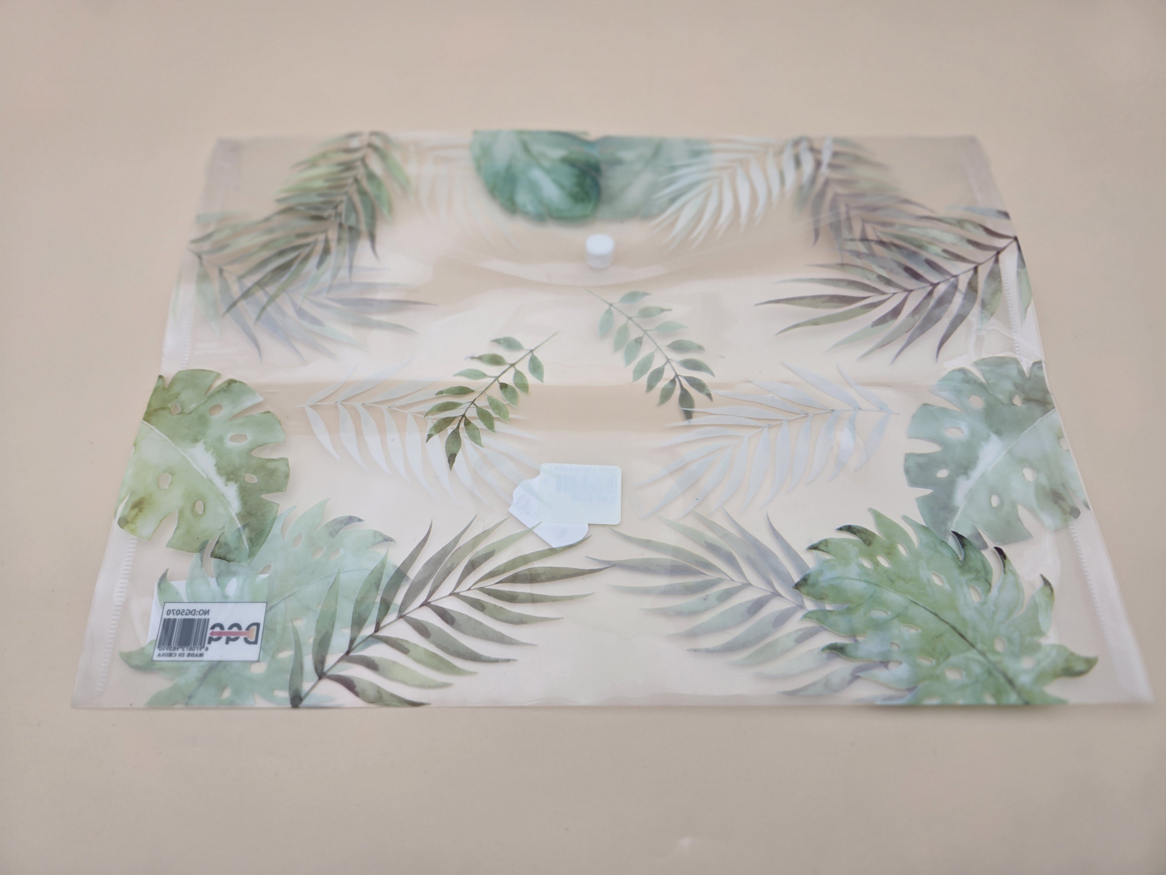 Pochette Plastique A4 – Motif Feuilles Tropicales Vertes (Palmier, Monstera, Fougère), Bouton-Pression