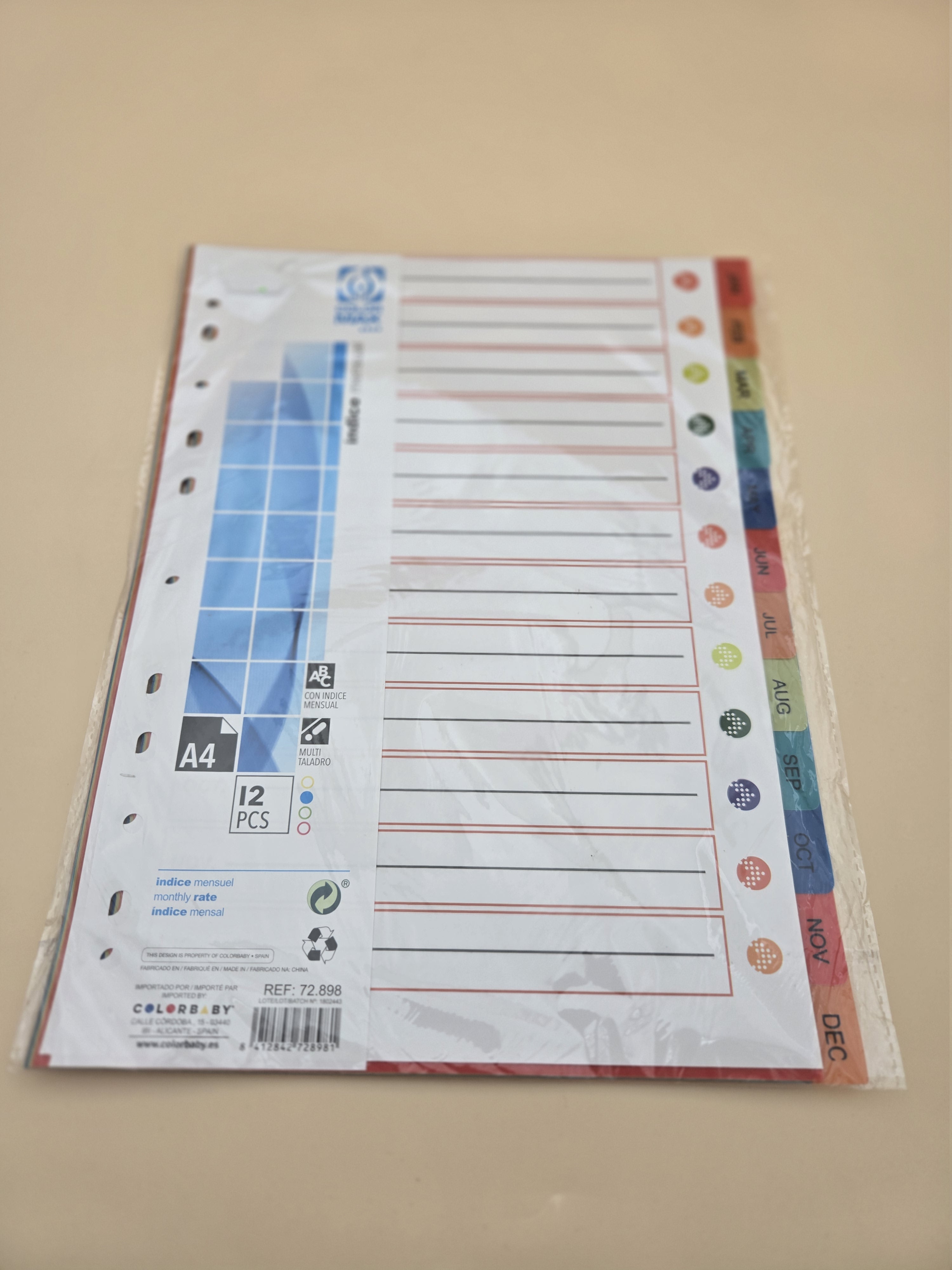 Intercalaires Mensuels A4 – 12 Onglets Colorés Janvier à Décembre, Perforés | Colorby