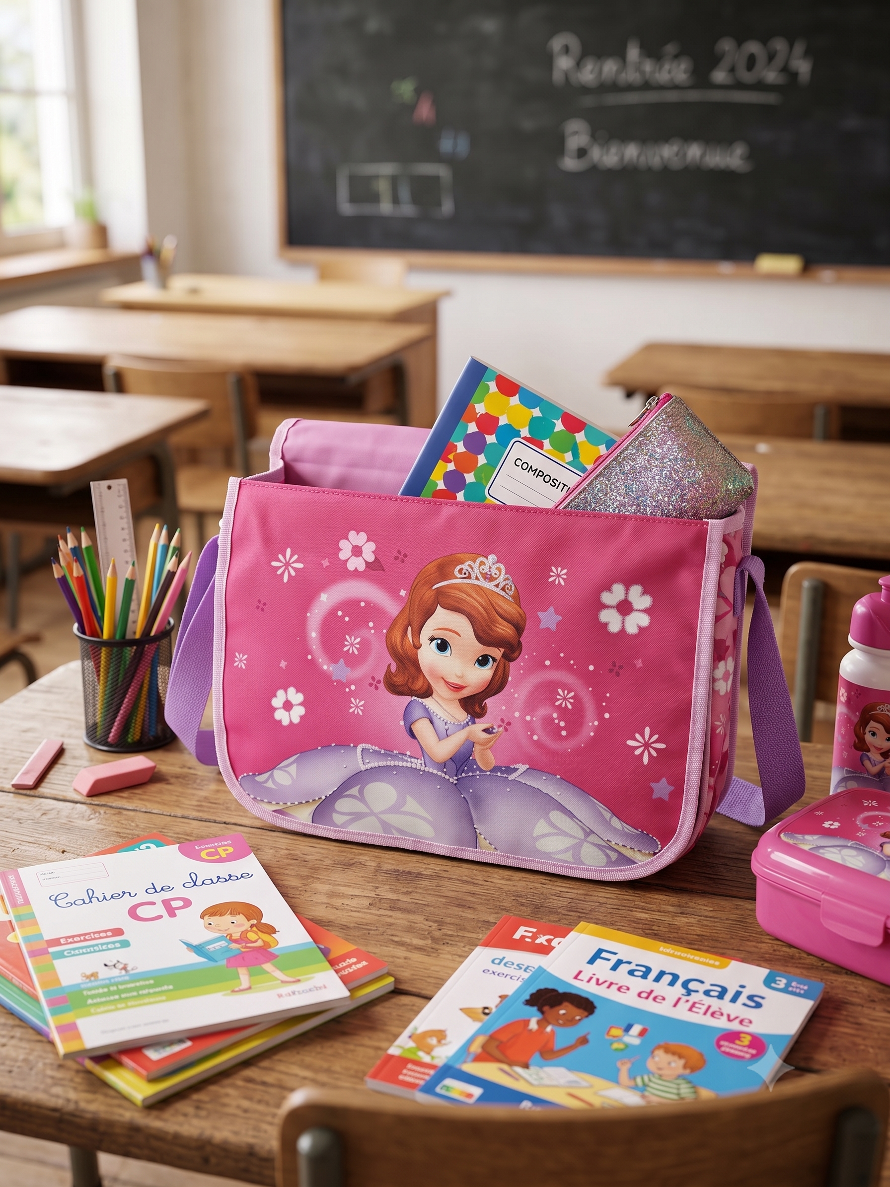 Cartable Sac à Bandoulière Princesse Fille – Rose & Violet