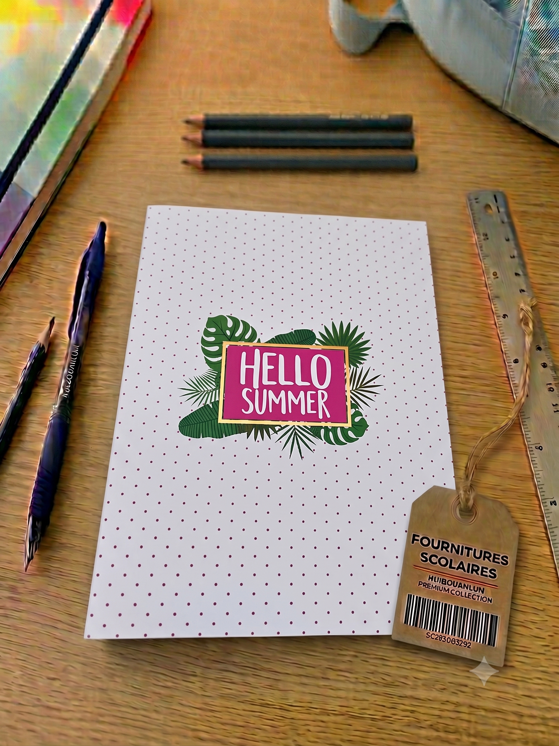 Carnet "Hello Summer" – Couverture Blanche à Pois, Motif Tropical Fuchsia
