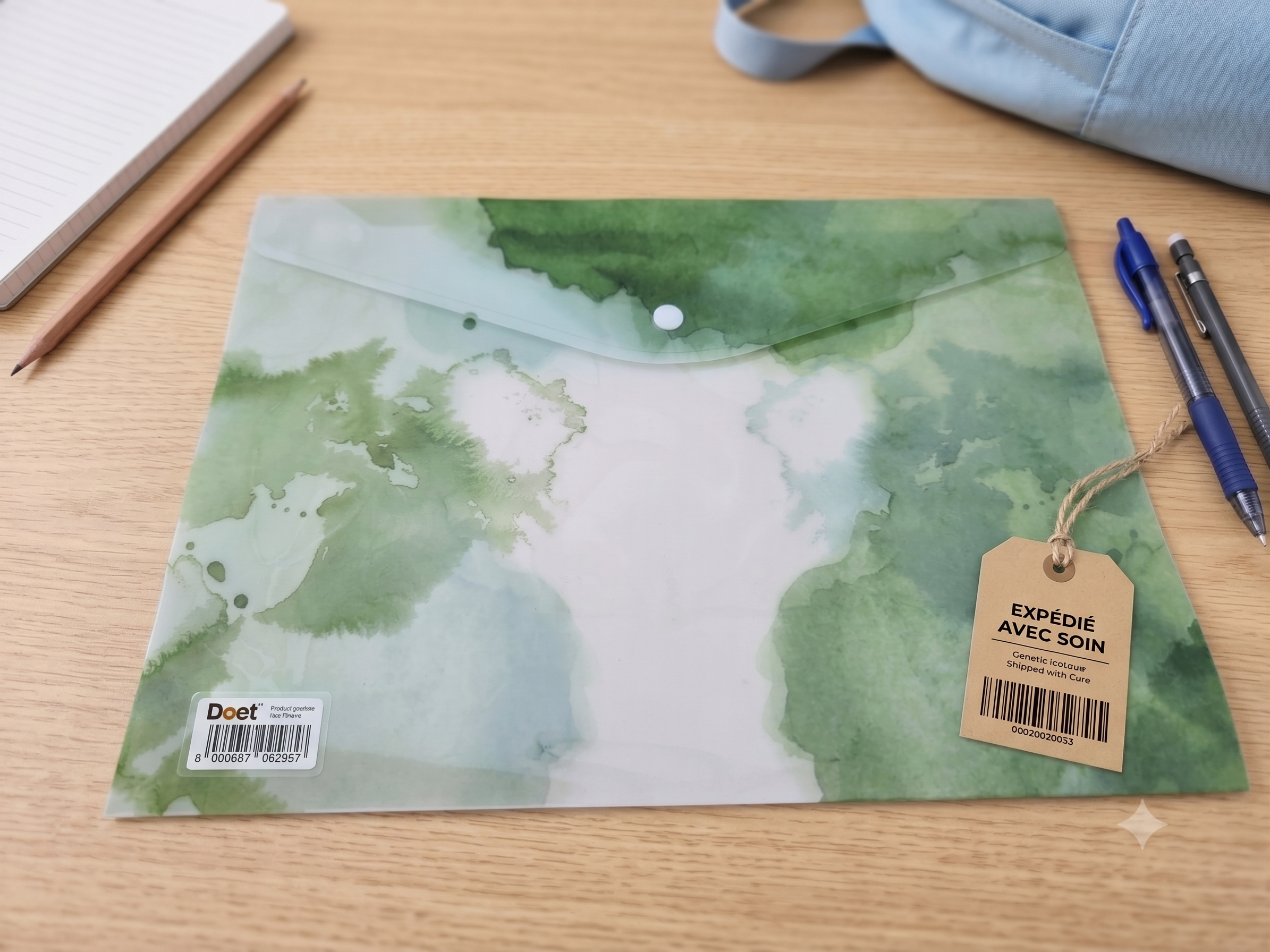 Pochette Plastique A4 Rappo – Motif Aquarelle Forêt Verte, Bouton-Pression