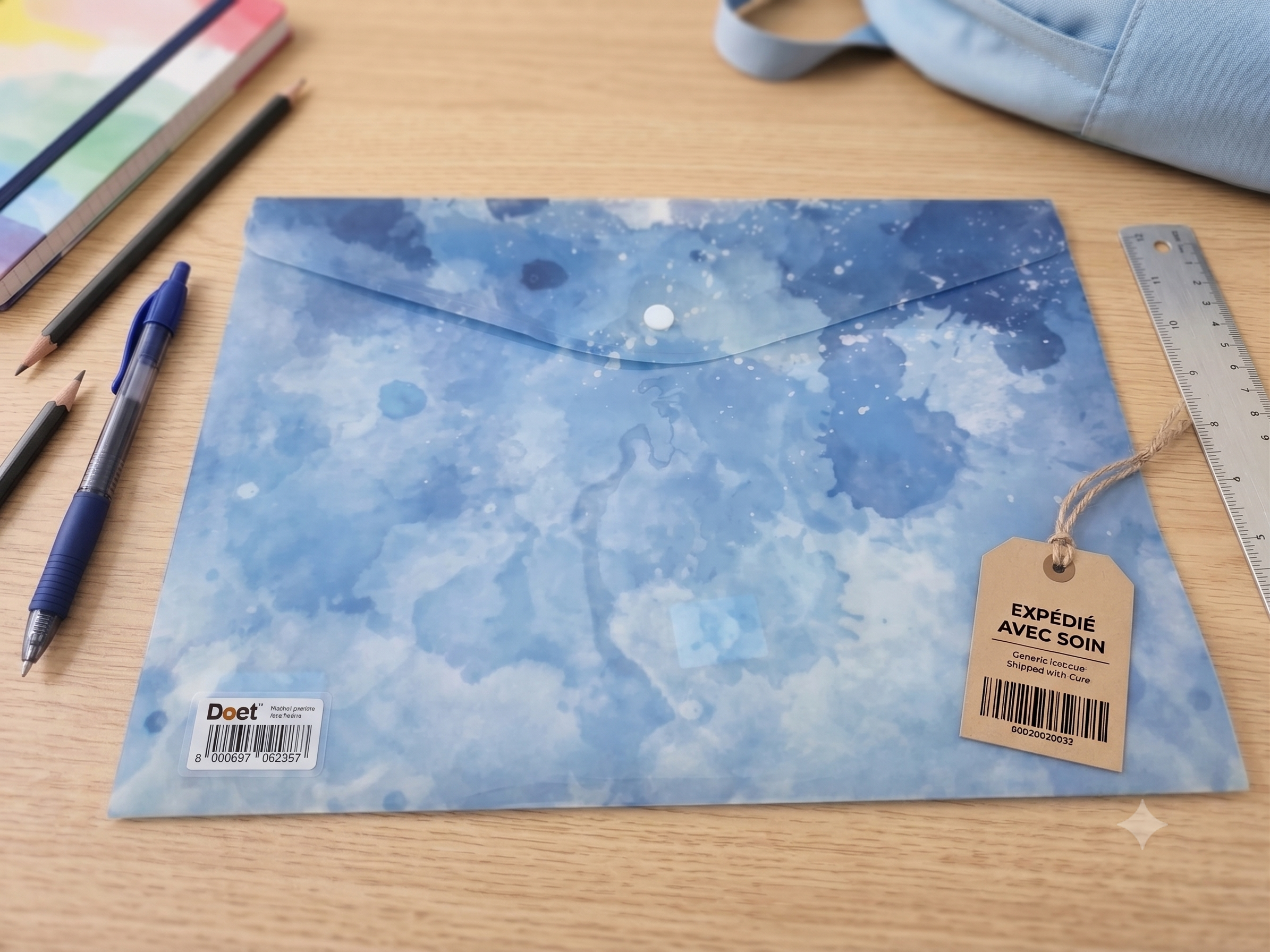 Pochette Plastique A4 – Motif Aquarelle Ciel Étoilé Bleu Nuit, Bouton-Pression