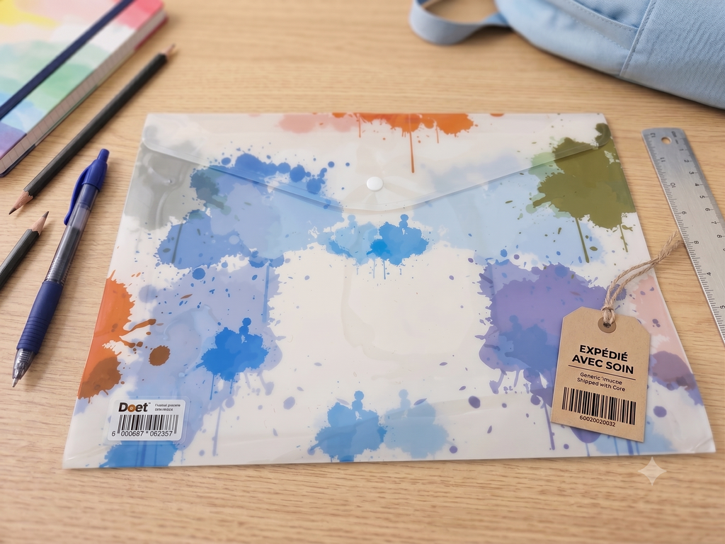 Pochette Plastique A4 – Motif Aquarelle Éclaboussures Multicolores, Bouton-Pression