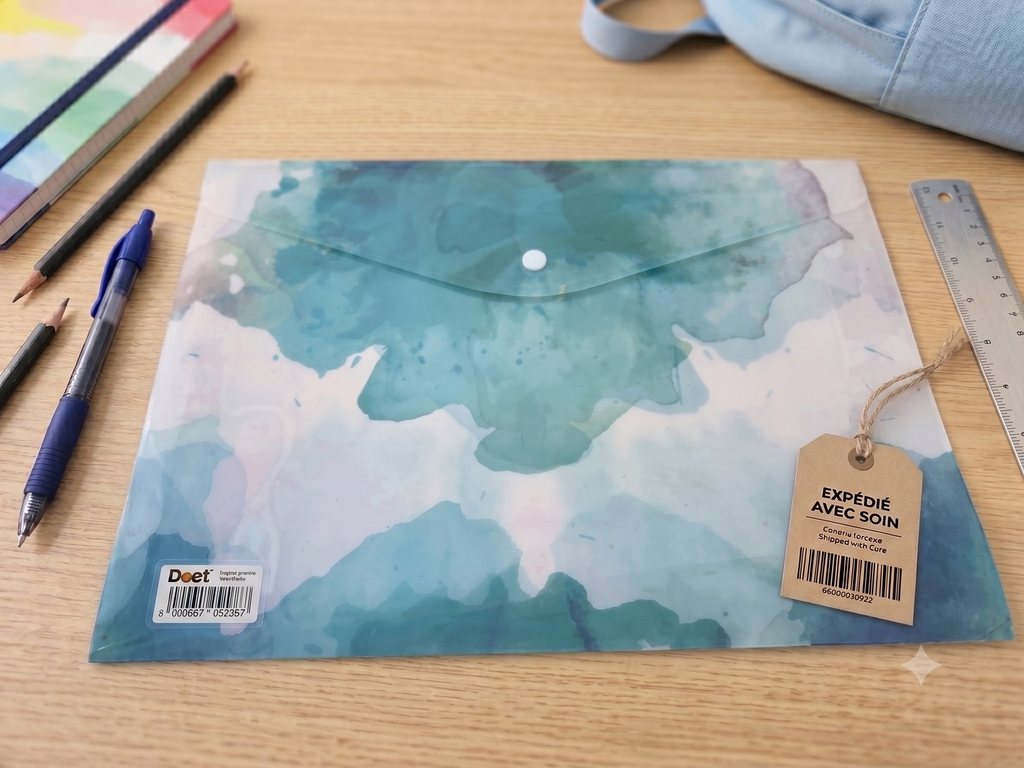Pochette Plastique A4 – Motif Aquarelle Océan Bleu Canard & Blanc, Bouton-Pression