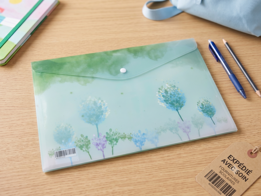 Pochette Plastique A4 – Motif Aquarelle Fleurs & Arbres, Vert & Bleu