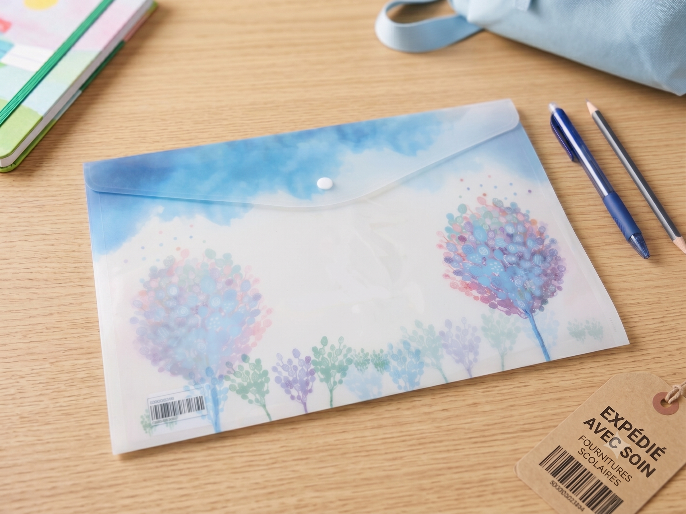 Pochette Plastique A4 – Motif Aquarelle Ciel Bleu & Arbres Pastel, Bouton-Pression