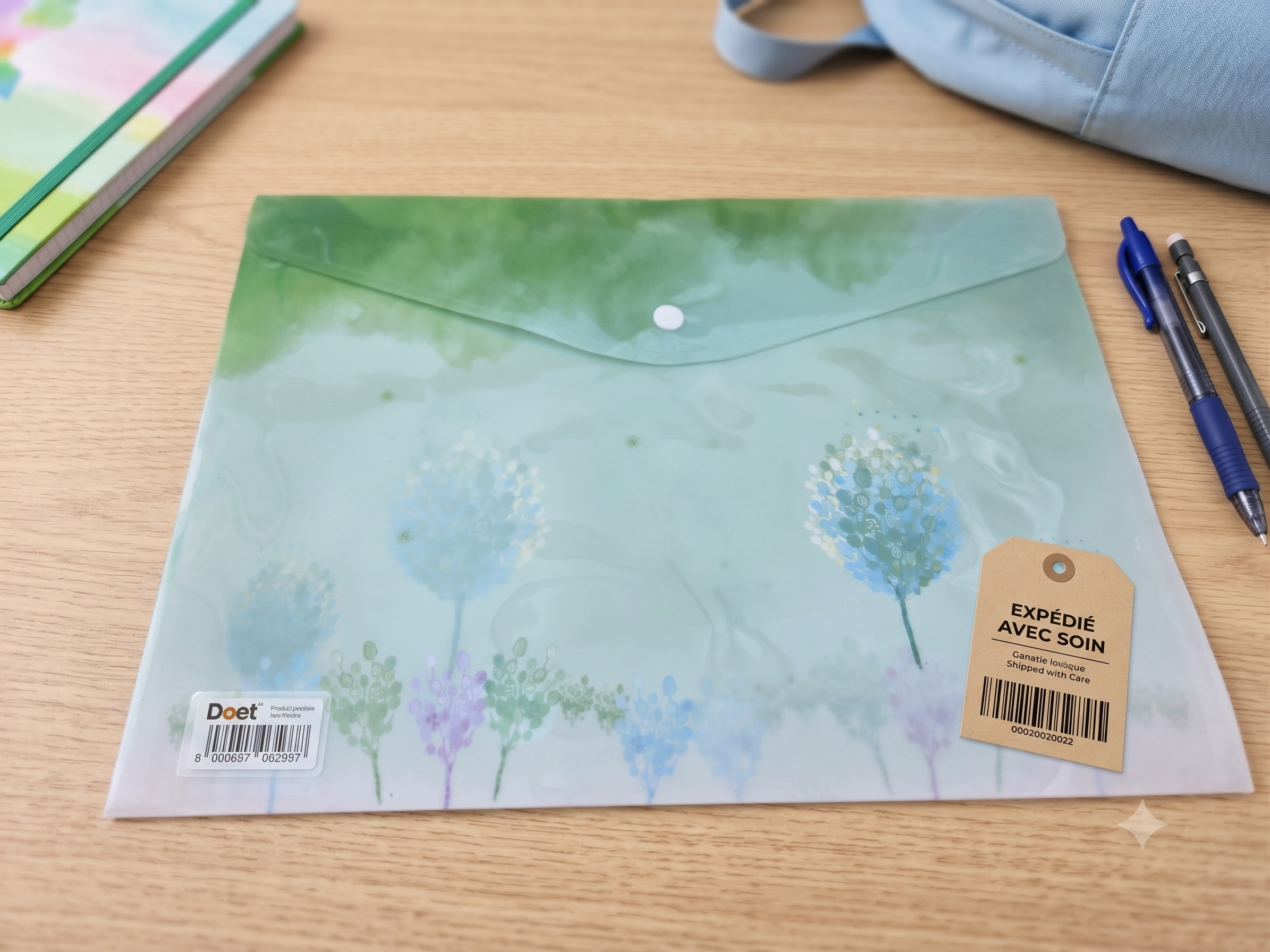 Pochette Plastique A4 – Motif Aquarelle Ciel Vert & Arbres Bleu-Vert, Bouton-Pression