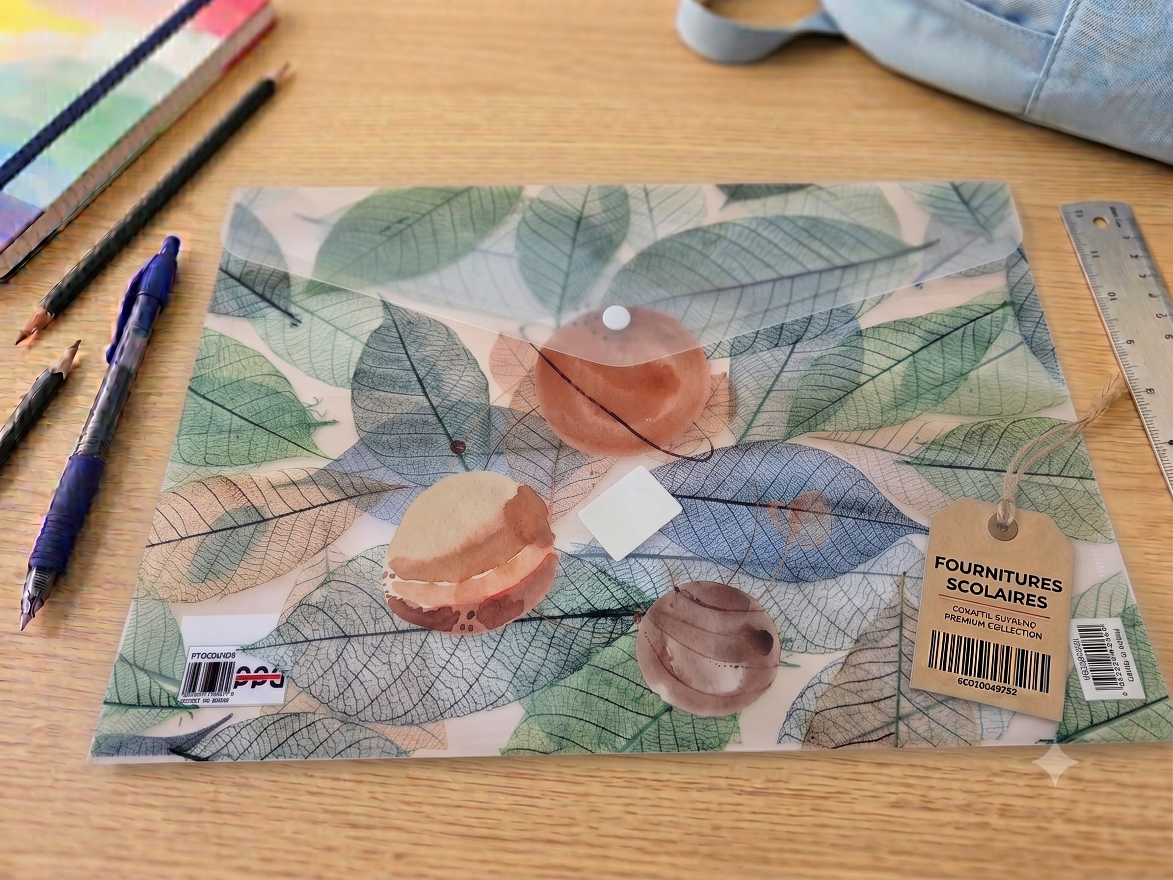 Pochette Plastique A4 – Motif Feuilles Squelettes Botaniques Vert & Bleu, Bouton-Pression