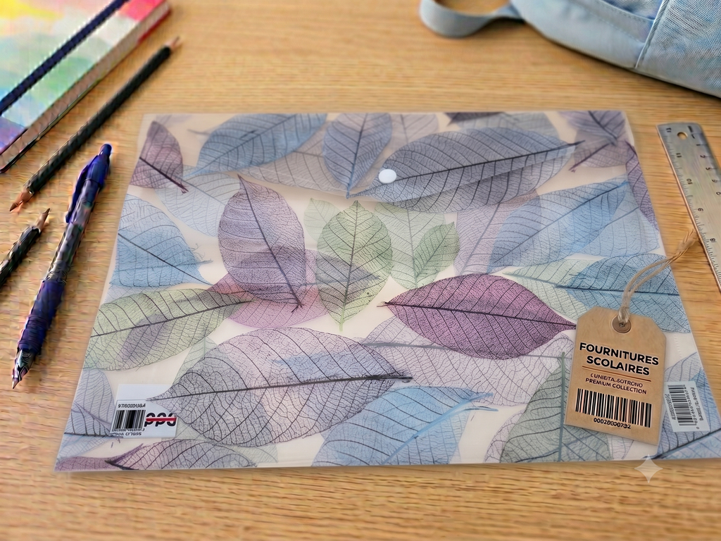Pochette Plastique A4 – Motif Feuilles Squelettes Botaniques Bleu, Violet & Vert Pastel, Bouton-Pression