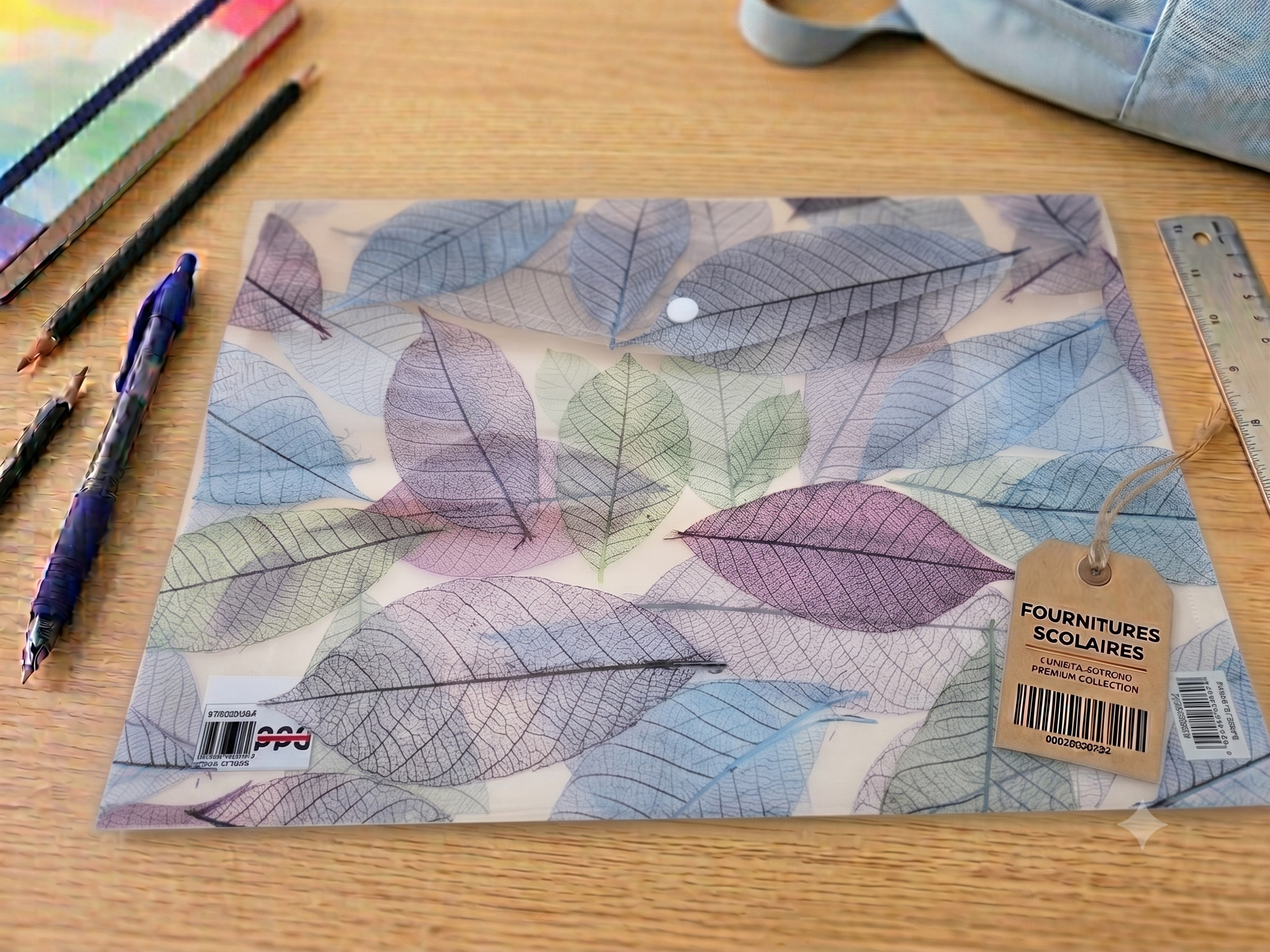 Pochette Plastique A4 – Motif Feuilles Squelettes Botaniques Bleu, Violet & Vert Pastel, Bouton-Pression