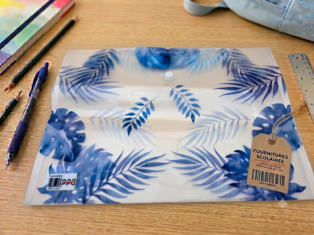 Pochette Plastique A4 – Motif Feuilles Tropicales Bleues Indigo (Palmier, Monstera), Bouton-Pression