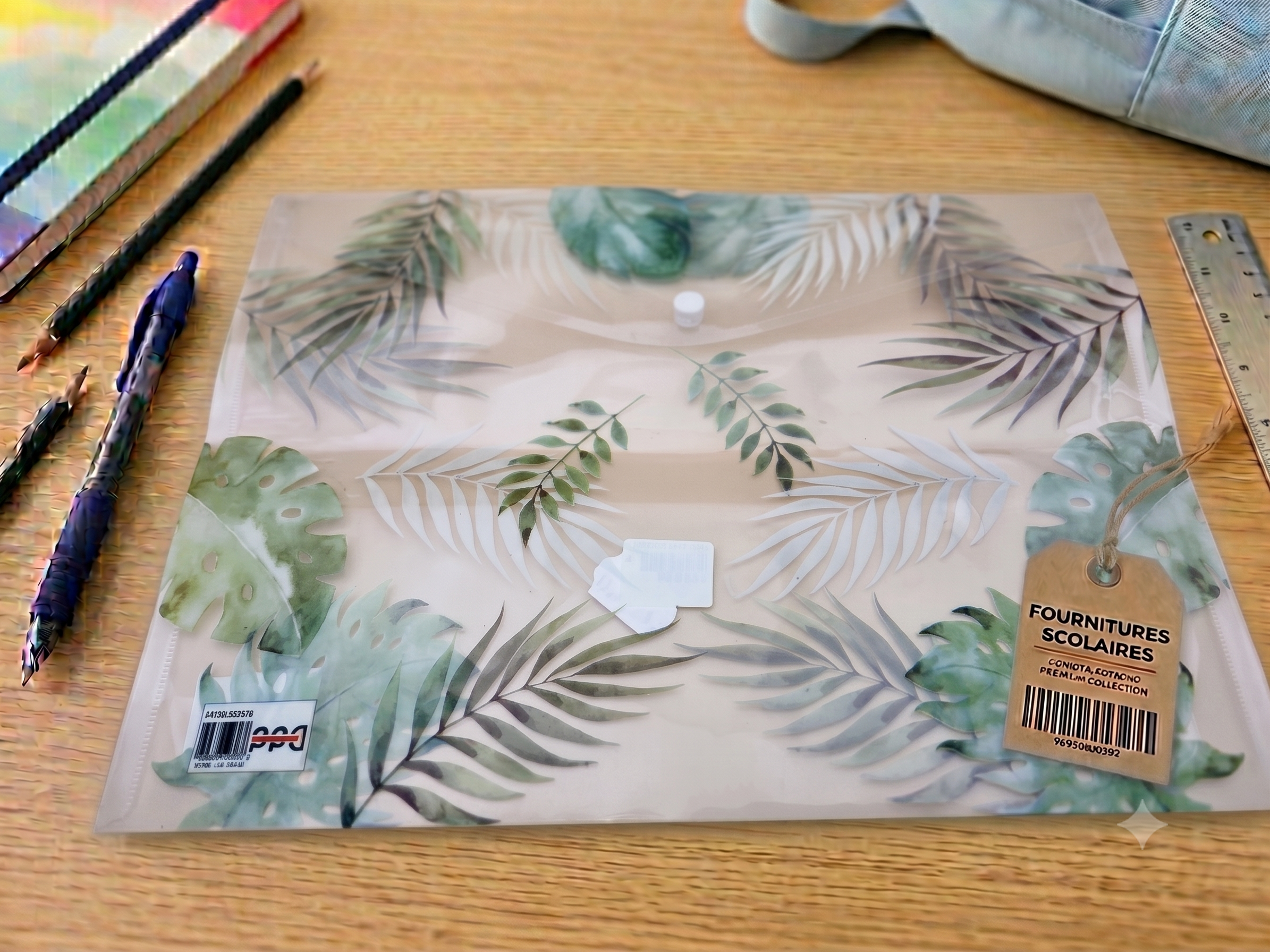 Pochette Plastique A4 – Motif Feuilles Tropicales Vertes (Palmier, Monstera, Fougère), Bouton-Pression