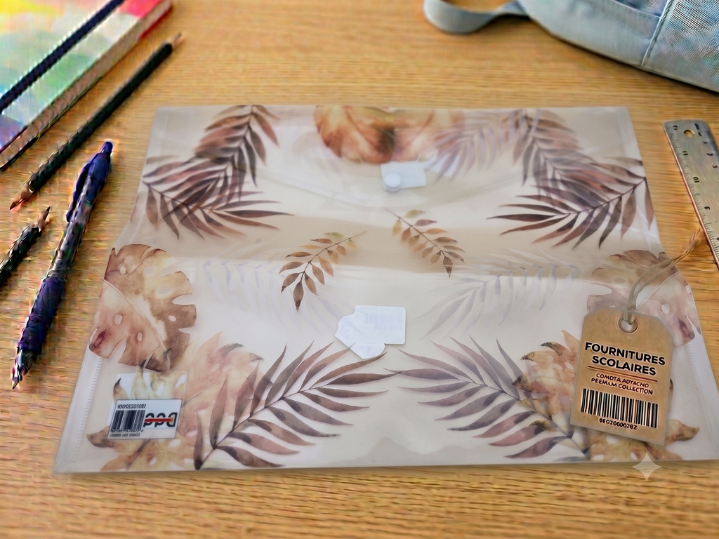 Pochette Plastique A4 – Motif Feuilles Tropicales Beige & Taupe (Palmier, Monstera), Bouton-Pression