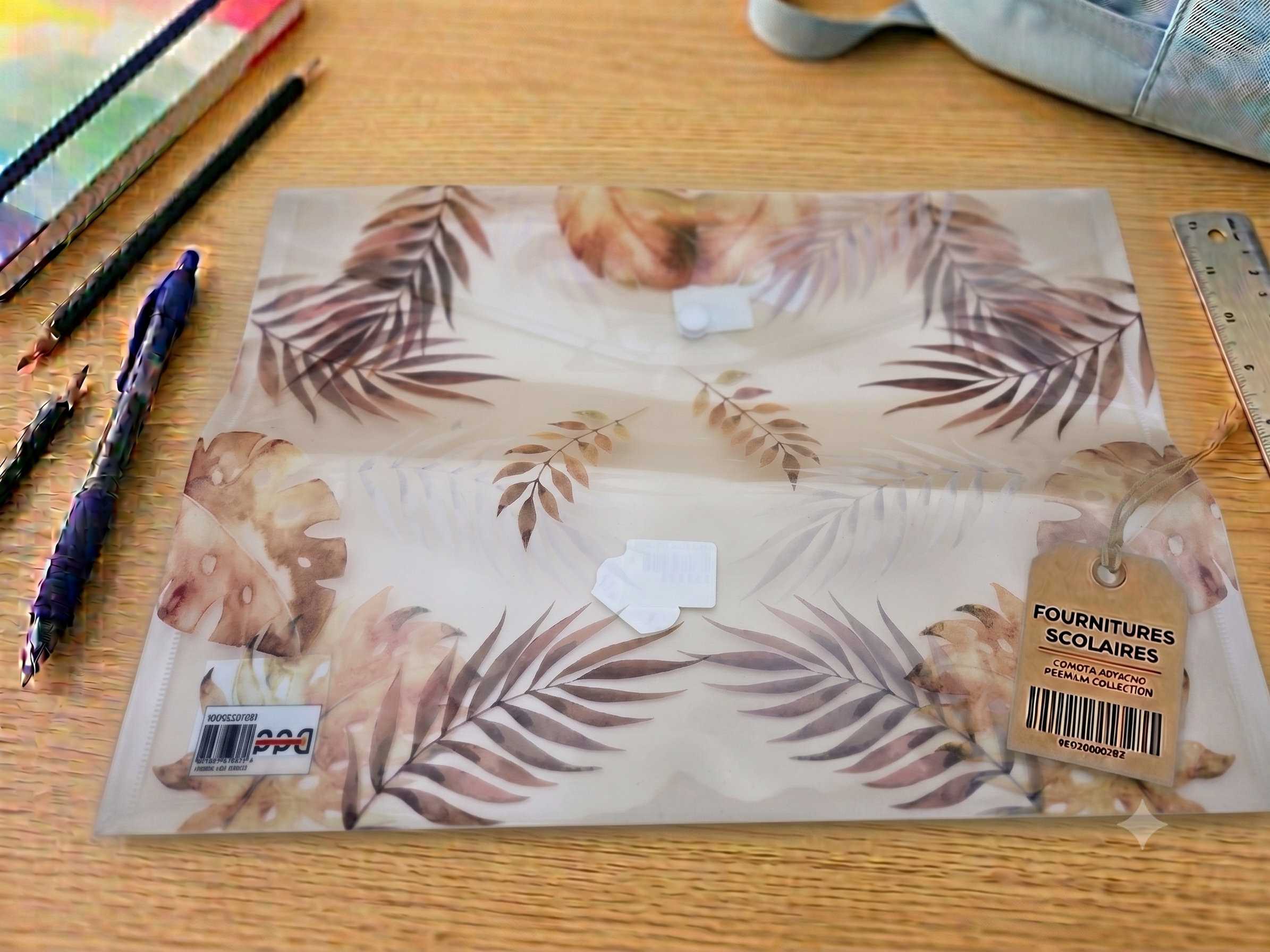Pochette Plastique A4 – Motif Feuilles Tropicales Beige & Taupe (Palmier, Monstera), Bouton-Pression