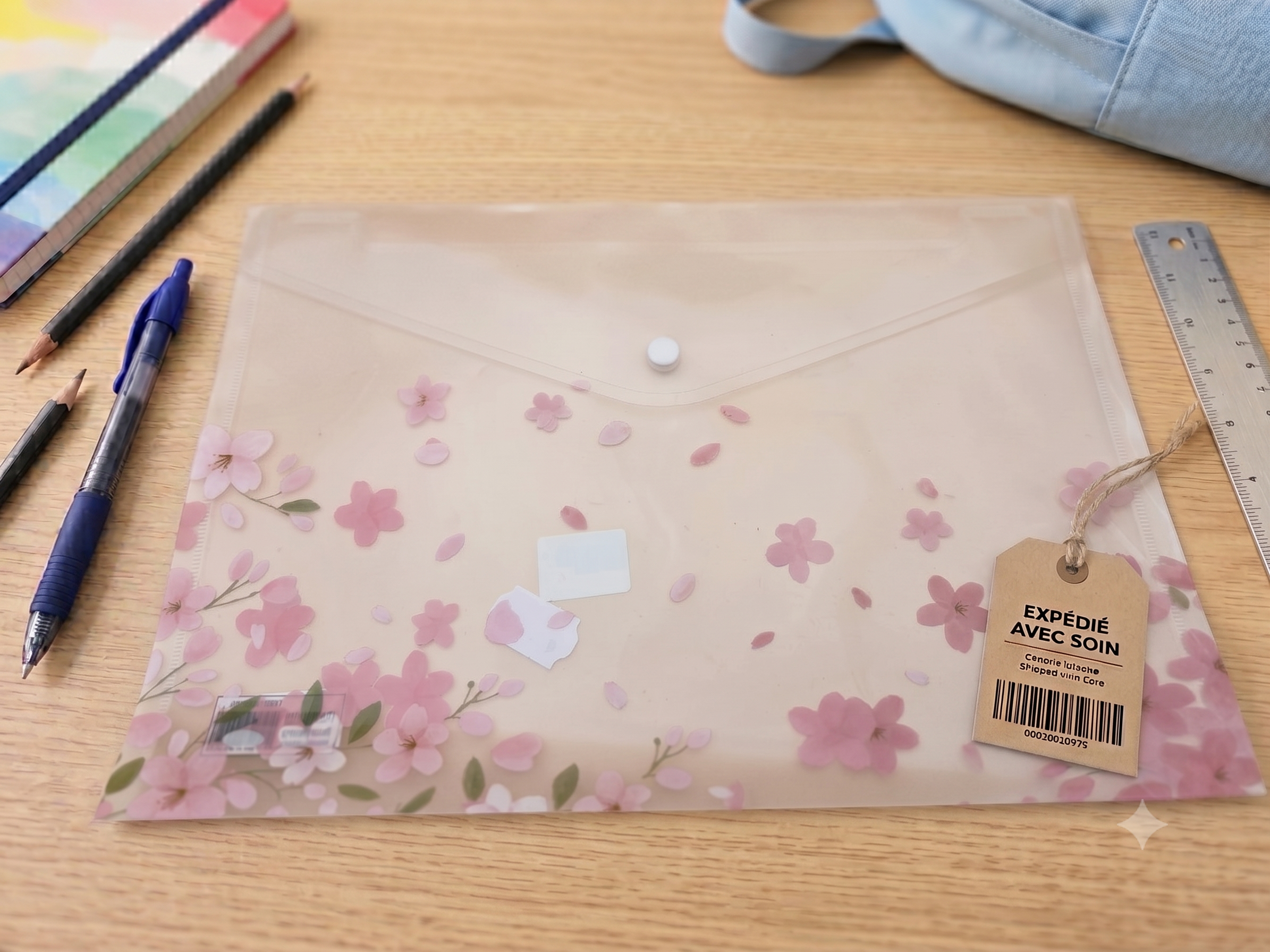 Pochette Plastique A4 – Motif Fleurs de Cerisier Sakura Rose, Bouton-Pression