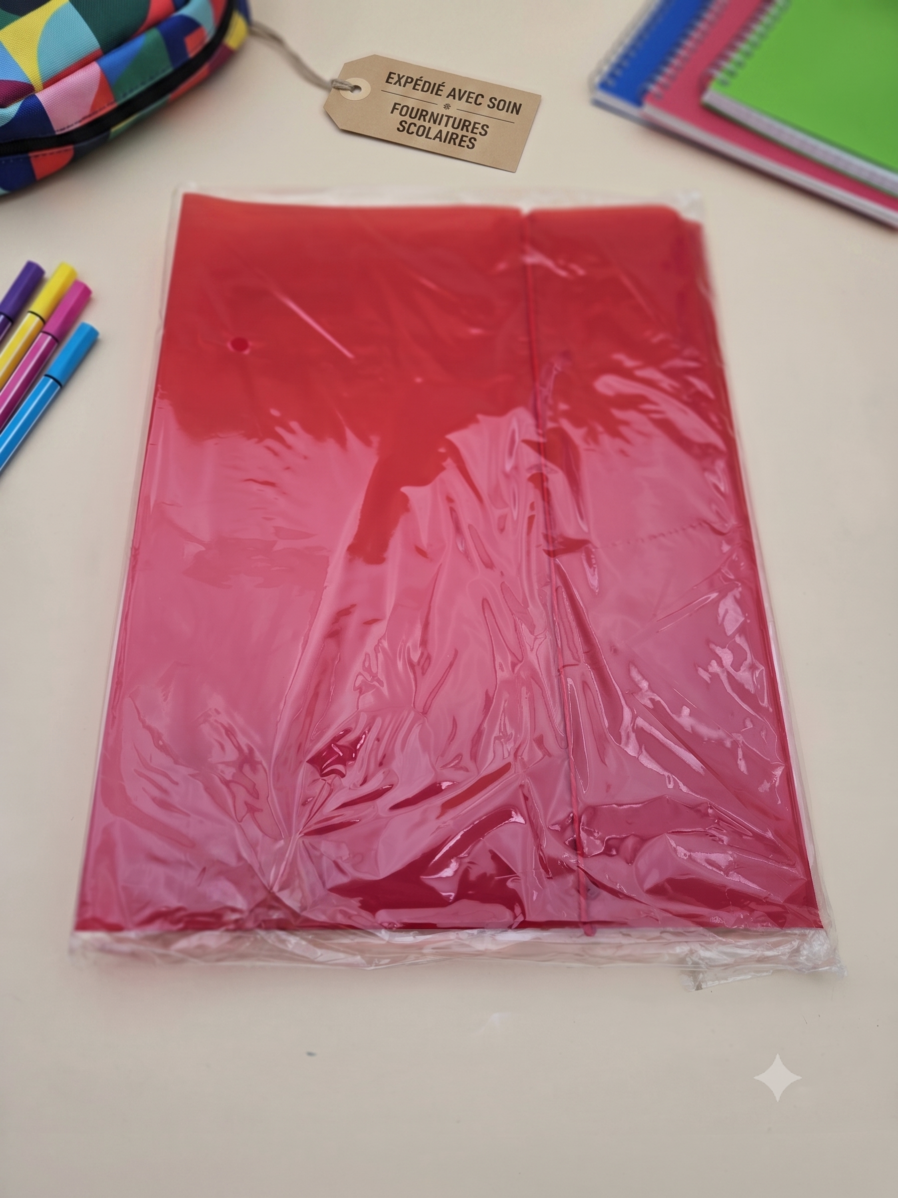 Chemise À Rabats Plastifiée A4 – Rouge, Fermeture Bouton-Pression
