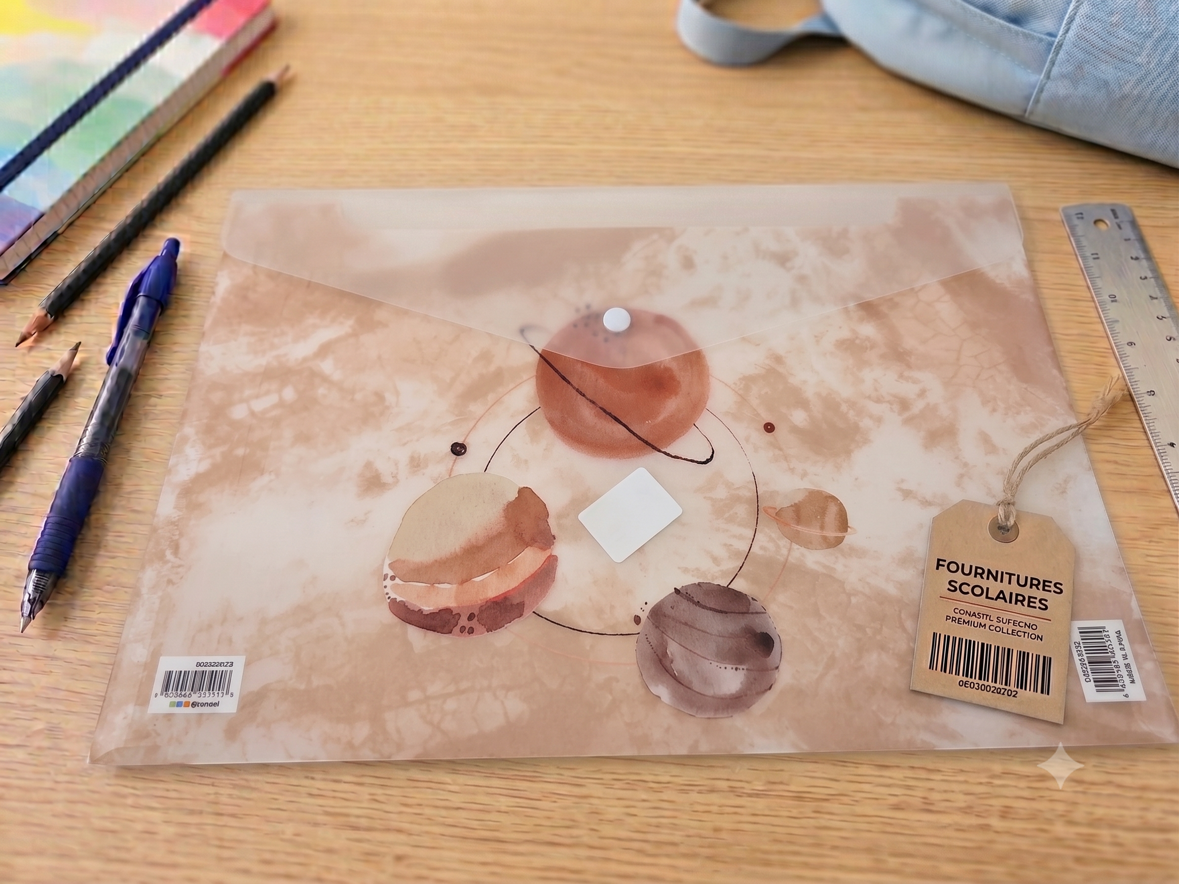Pochette Plastique A4 – Motif "The Univers" Planètes en Orbite, Tons Rosé & Sableux, Bouton-Pression