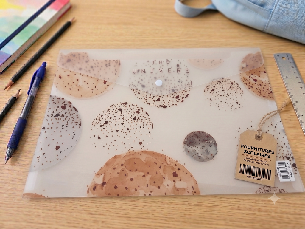 Pochette Plastique A4 – Motif "The Univers" Planètes Terrazzo Beige & Gris, Bouton-Pression
